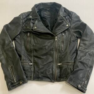 All Saints Leather Jacket Womens 6 Black Biker Moto Lined Quilted Grunge Retro